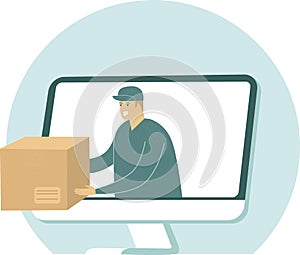 Courier give cardboard box from computer monitor display. Fast delivery concept